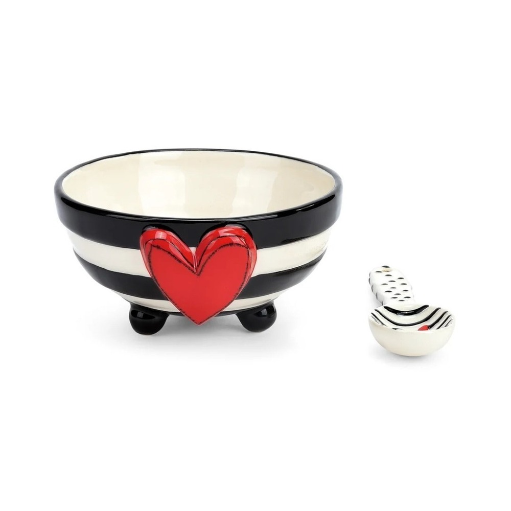 DEMDACO Tracy Pesche Heartful Home Black White Stripe Heart Candy Bowl Spoon - Picture 2 of 4